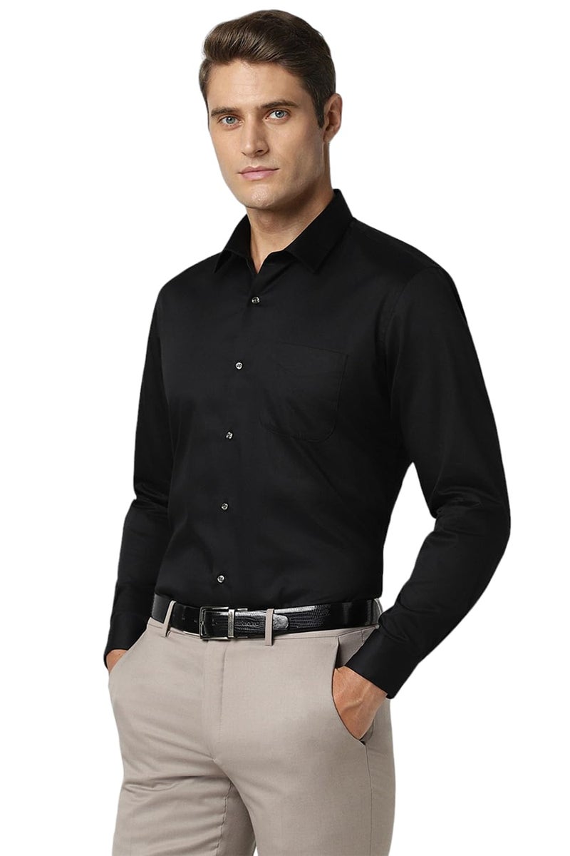 Peter England Men's Satin Solid Regular Fit Full Sleeve Shirt Cotton with Satin Sheen | Luxury Black - Image 2