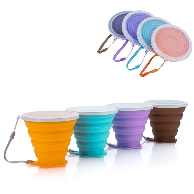 JBER Silicone Collapsible Travel Cup 4 Pack Silicone Folding Camping Cup with Lids Expandable Drinking Cup Set BPA Free Reusable Portable Graduated for Outdoor Hiking Travel