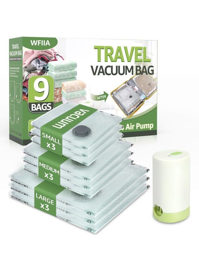 Vacuum Bags for Travel with Rechargeable air Pump, 9 Packs of 3 Sizes Vacuum Seal Bags for Clothing, Space-Saving Compression Storage Bags for Travel & Closet Organization