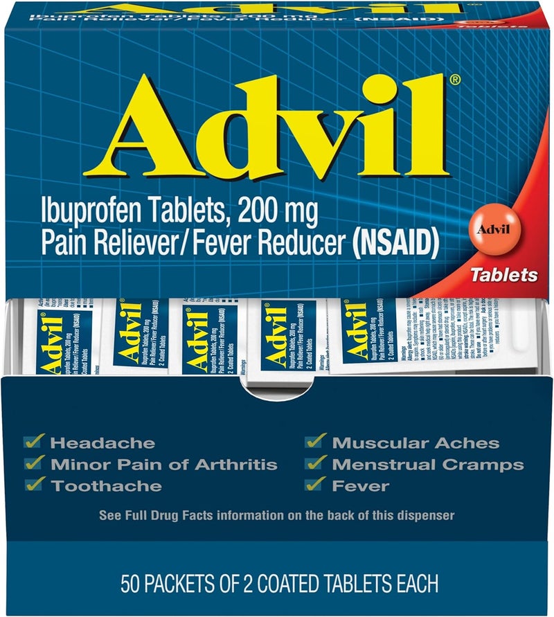 Advil أدفيل مسكن للألم وخافض للحرارة، دواء مسكن للألم مع إيبوبروفين 200 ملغ لصداع الرأس، آلام الظهر، آلام الدورة الشهرية وتخفيف آلام المفاصل - 50x2 قرص مغلف