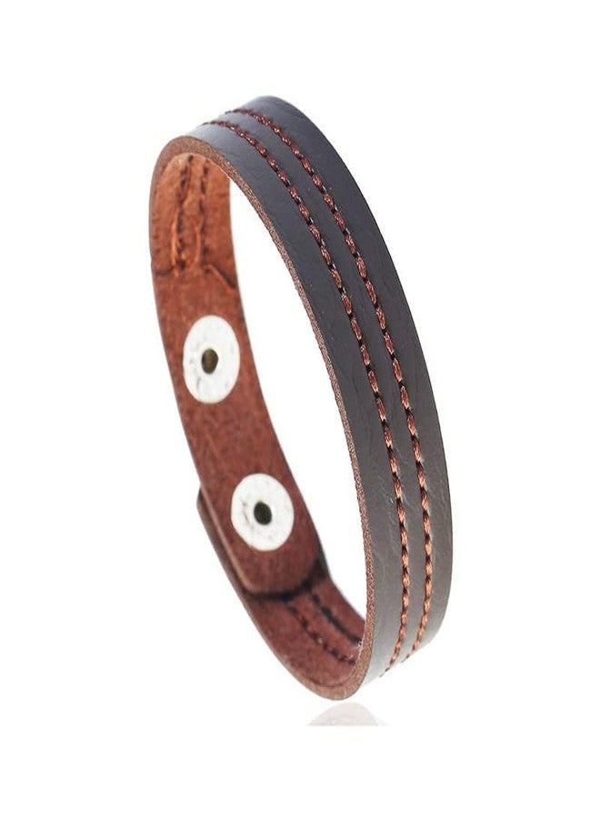 Fusamk Fashion Simple Sewing Thread Pattern Leather Cuff Bracelet(Brown) - Image 2