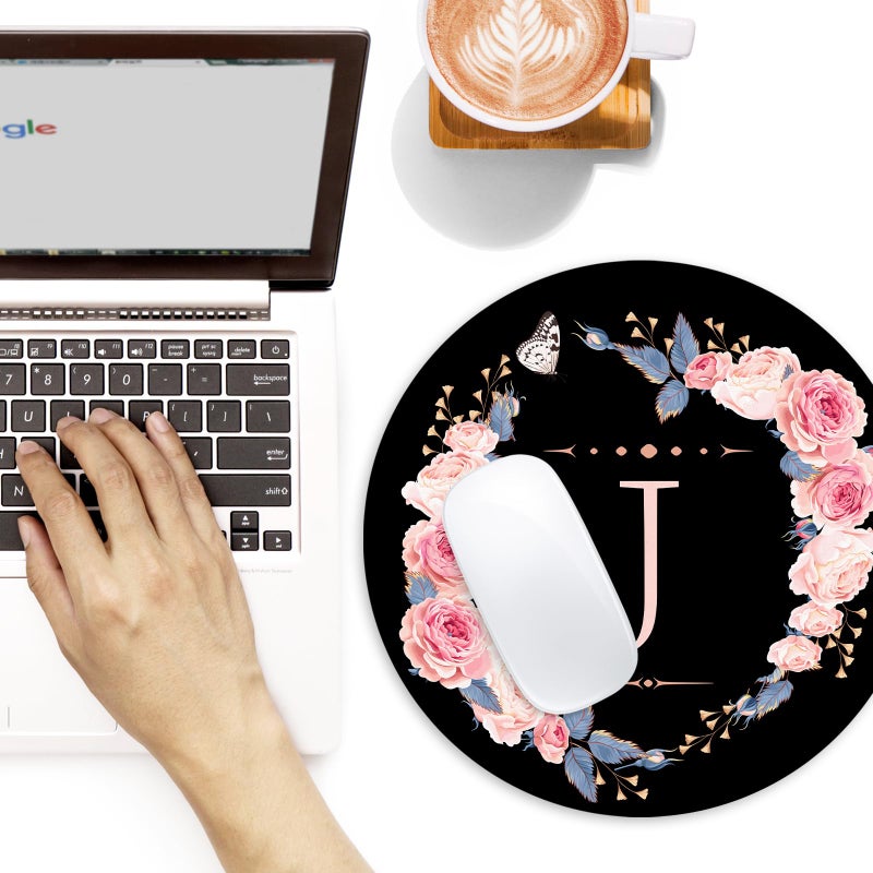 Adastrah Letter J Black and Pink Flowers Round Mouse Pad, Funny Small Mouse Mat with Non-Slip Rubber Base, Home Office Decor Desk Accessory, 8.7 inch Round - Image 2