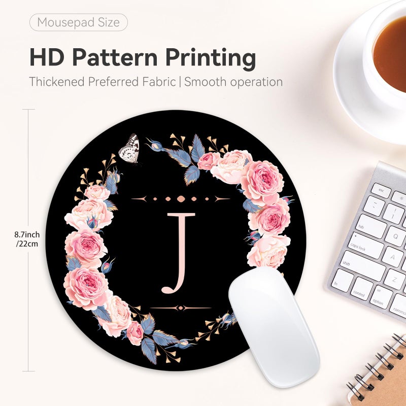 Adastrah Letter J Black and Pink Flowers Round Mouse Pad, Funny Small Mouse Mat with Non-Slip Rubber Base, Home Office Decor Desk Accessory, 8.7 inch Round - Image 4