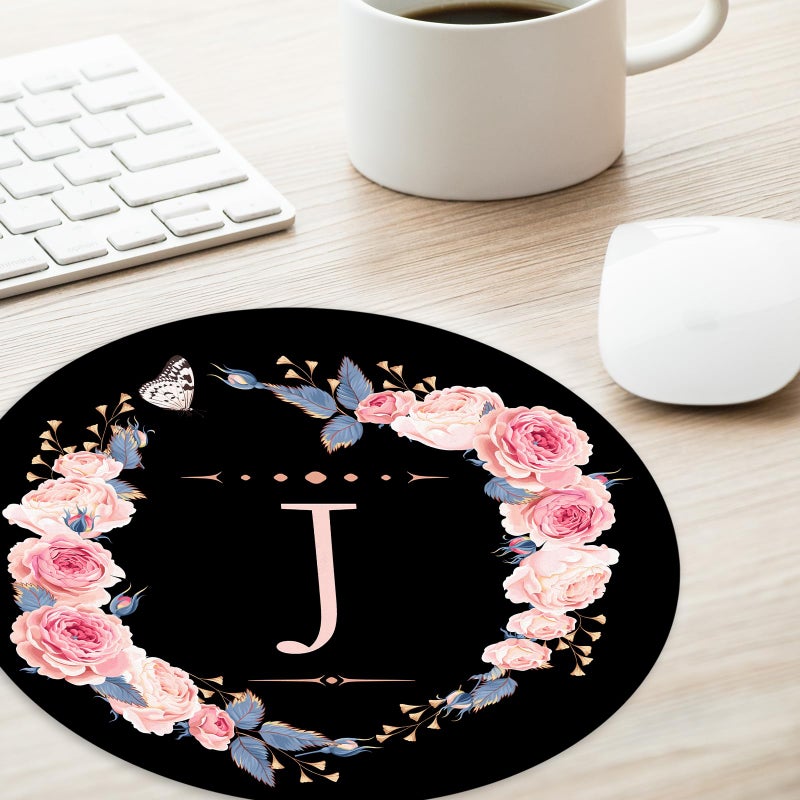 Adastrah Letter J Black and Pink Flowers Round Mouse Pad, Funny Small Mouse Mat with Non-Slip Rubber Base, Home Office Decor Desk Accessory, 8.7 inch Round - Image 3
