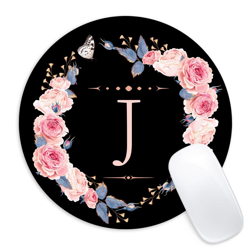 Adastrah Letter J Black and Pink Flowers Round Mouse Pad, Funny Small Mouse Mat with Non-Slip Rubber Base, Home Office Decor Desk Accessory, 8.7 inch Round - Image 1