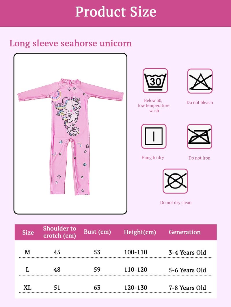 SYGA Children's Swimsuit Long Sleeve Seahorse Unicorn-XL Size Perfect for Kids Age 7-8 Years Old (Pink) - Image 4