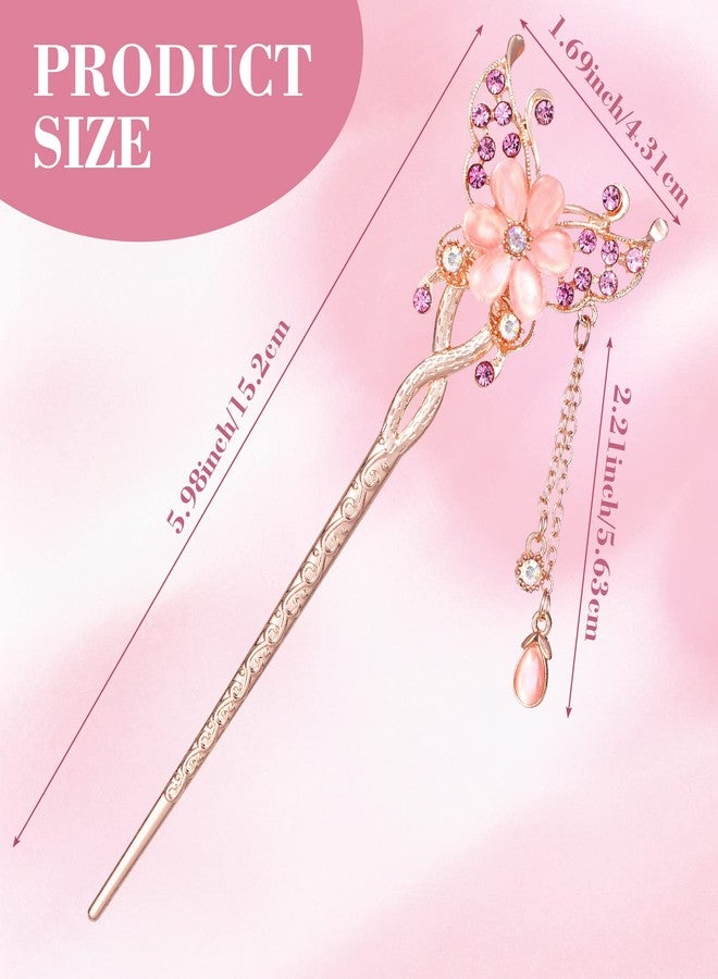 OIIKI Butterfly Flowers Hair Sticks Pins for Buns 3pcs, Chinese Flower Hair Chopsticks for Women Girls Long Thick Hair, Vintage Rhinestone Hairpins with Tassels Hair Styling Accessories for Women - Image 2
