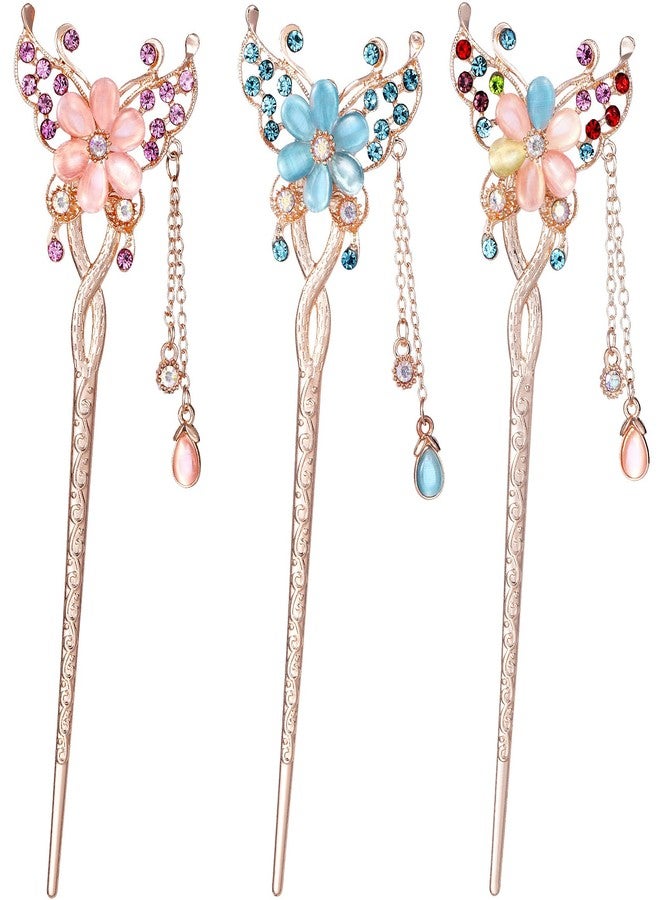 OIIKI Butterfly Flowers Hair Sticks Pins for Buns 3pcs, Chinese Flower Hair Chopsticks for Women Girls Long Thick Hair, Vintage Rhinestone Hairpins with Tassels Hair Styling Accessories for Women - Image 1