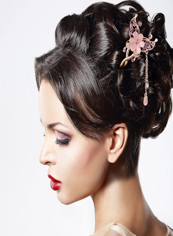 OIIKI Butterfly Flowers Hair Sticks Pins for Buns 3pcs, Chinese Flower Hair Chopsticks for Women Girls Long Thick Hair, Vintage Rhinestone Hairpins with Tassels Hair Styling Accessories for Women - Image 4