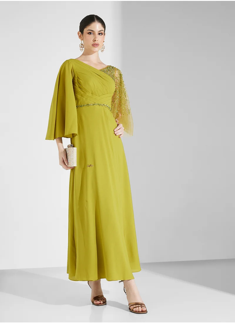 Fashion Trends by Suzy Matar Embroidered Pleated Body Long Dress