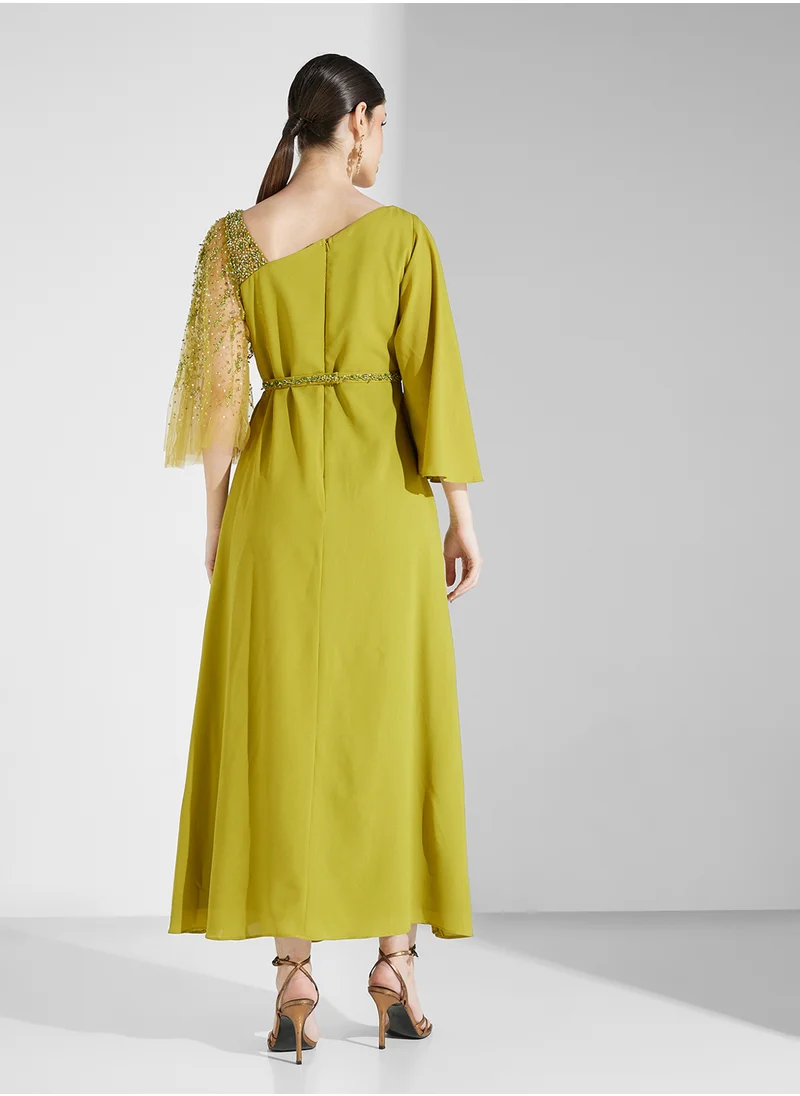 Fashion Trends by Suzy Matar Embroidered Pleated Body Long Dress