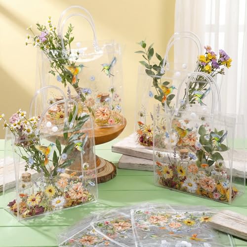 Resholder 24 Pcs Floral Hummingbird Clear Gift Bags with Handles Spring Wildflower PVC Treat Gift Bags for Flower Bird Party Wedding Bridal Baby Shower Birthday Tea Party Decoration, 8 x 8 x 3.15 Inch - Image 5