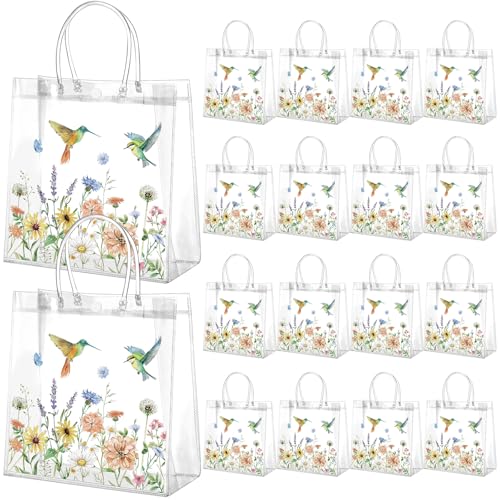 Resholder 24 Pcs Floral Hummingbird Clear Gift Bags with Handles Spring Wildflower PVC Treat Gift Bags for Flower Bird Party Wedding Bridal Baby Shower Birthday Tea Party Decoration, 8 x 8 x 3.15 Inch - Image 1