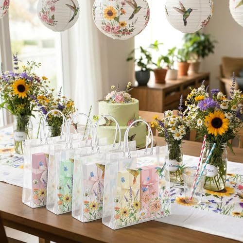 Resholder 24 Pcs Floral Hummingbird Clear Gift Bags with Handles Spring Wildflower PVC Treat Gift Bags for Flower Bird Party Wedding Bridal Baby Shower Birthday Tea Party Decoration, 8 x 8 x 3.15 Inch - Image 3