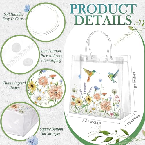 Resholder 24 Pcs Floral Hummingbird Clear Gift Bags with Handles Spring Wildflower PVC Treat Gift Bags for Flower Bird Party Wedding Bridal Baby Shower Birthday Tea Party Decoration, 8 x 8 x 3.15 Inch - Image 2