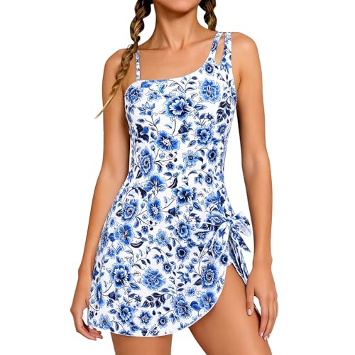 Funnycokid Girls One Piece Swimsuits Size 10-12 Bathing Suit White Blue Floral Adjustable Straps Pad Teen Swimwear Skirt - Image 1