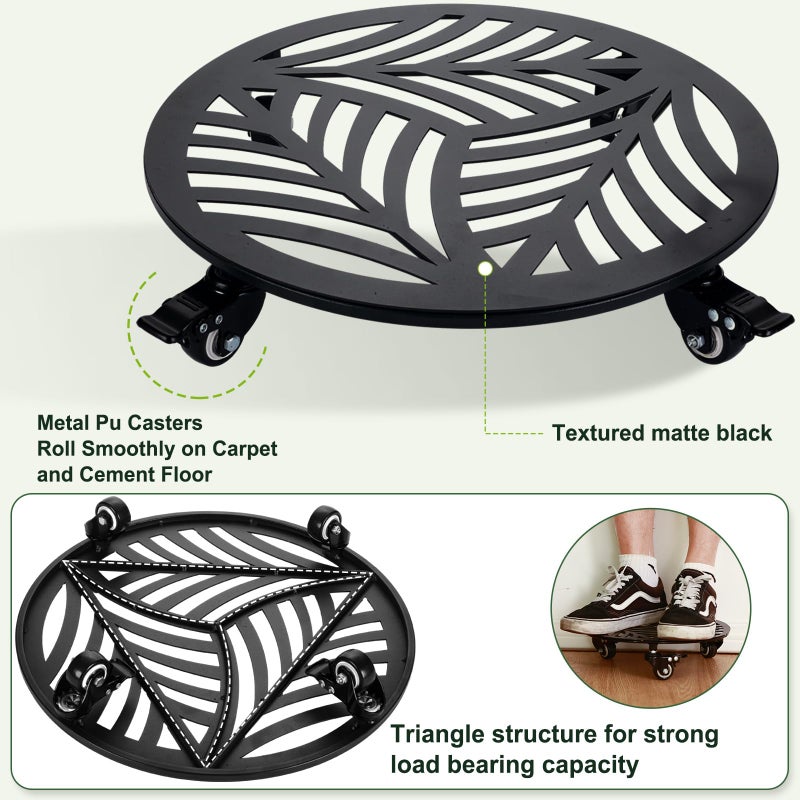 Planterhoma 2 Packs 16 Inch Extra-Large Metal Plant Caddy with Wheels - Heavy-Duty Iron Rolling Plant Stand - 360 Locking Wheels - Indoor/Outdoor - Black - Image 3