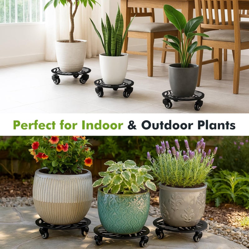 Planterhoma 2 Packs 16 Inch Extra-Large Metal Plant Caddy with Wheels - Heavy-Duty Iron Rolling Plant Stand - 360 Locking Wheels - Indoor/Outdoor - Black - Image 4