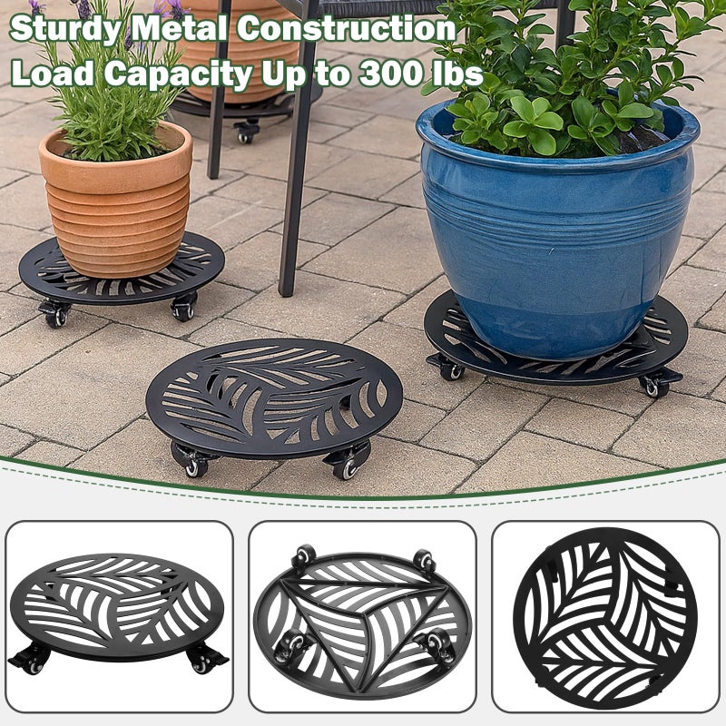 Planterhoma 2 Packs 16 Inch Extra-Large Metal Plant Caddy with Wheels - Heavy-Duty Iron Rolling Plant Stand - 360 Locking Wheels - Indoor/Outdoor - Black - Image 5
