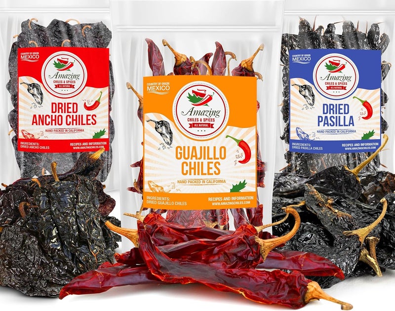 Amazing Chiles & Spices مجموعة الفلفل المجفف والتوابل المدهشة - فلفل أنشو، فلفل غواخيلو، فلفل باسيلّا (12 أونصة إجمالية) لوصفات مكسيكية أصلية - Image 1