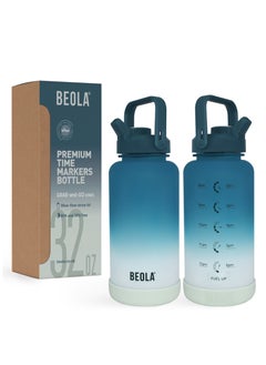 BEOLA Motivational Water Bottle with Time Markers and Straw Lid - 1000ml, Ocean Blue  - Image 1