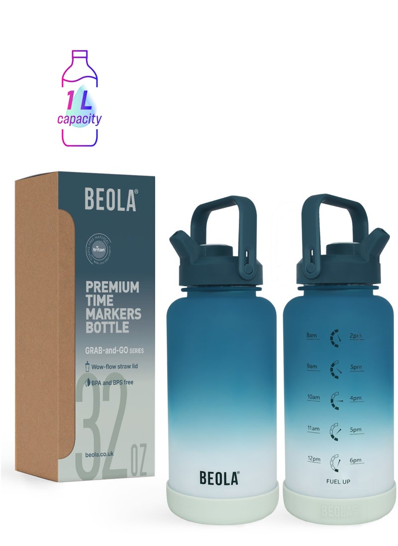 BEOLA Motivational Water Bottle with Time Markers and Straw Lid - 1000ml, Ocean Blue  - Image 1