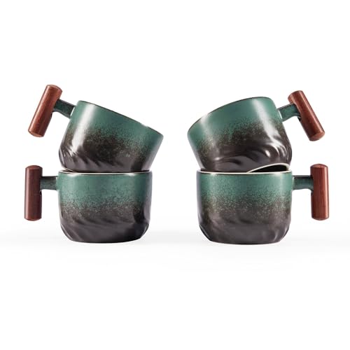CLASGLAZ 2.5oz Ceramic Espresso Cups with Wooden Handle, Small Coffee Cups Double Shot Espresso Cups Set of 4 - Image 1