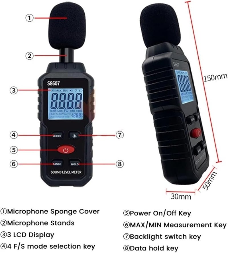 مقياس مستوى الصوت الرقمي المحترف 30-130 ديسيبل مقياس ضوضاء ديسيبل S8607 - Image 1