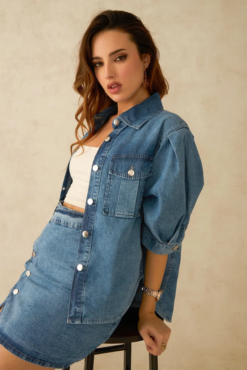 فيرجيو Solid Cotton Pleated Sleeve Denim Shirt for Women