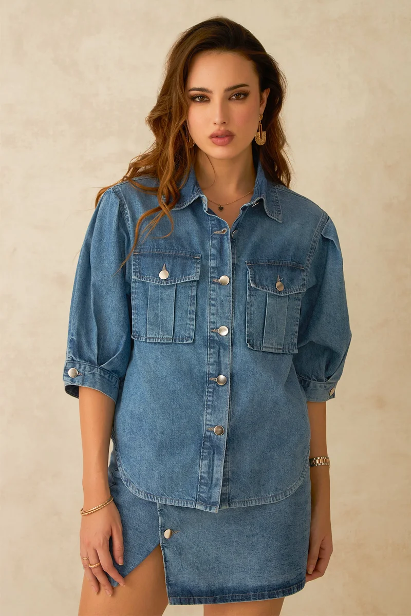 فيرجيو Solid Cotton Pleated Sleeve Denim Shirt for Women