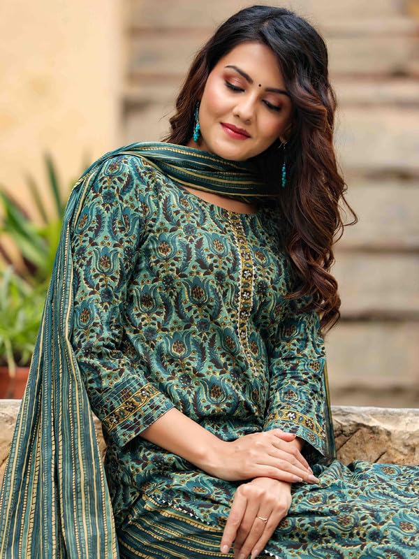 Vaamsi Women's Rayon Blend Printed Kurta Pant Dupatta Set (VKSKD1171_Green_M) - Image 5