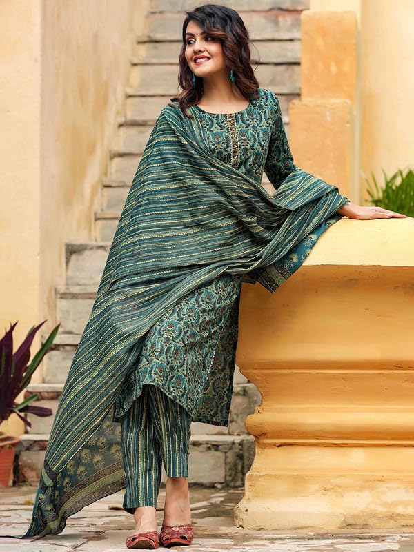 Vaamsi Women's Rayon Blend Printed Kurta Pant Dupatta Set (VKSKD1171_Green_M) - Image 2