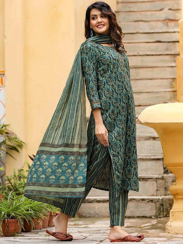 Vaamsi Women's Rayon Blend Printed Kurta Pant Dupatta Set (VKSKD1171_Green_M) - Image 3