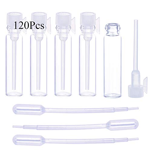 luojery 120Pcs 1Ml Mini Cute Empty Glass Perfume Essential Oils Sample Vials with White Plastic Rod Caps Glass Vials Sample Dropper Bottle for Essential Oils Aromatherapy (120Pcs 1Ml White Plastic Rod) - Image 1