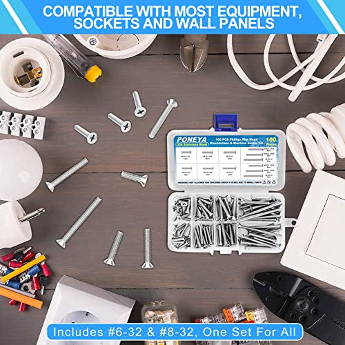 PONEYA Machine Screws, 100 PCS Phillips Flat Head Electricians Screw Kit #6-32#8-32 Extra Long 304 Stainless Steel Outlet Screws for Wall Plate Switch, Receptacles Mounting Screws with Storage Case - Image 4