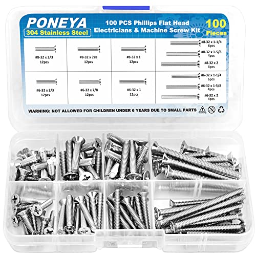 PONEYA Machine Screws, 100 PCS Phillips Flat Head Electricians Screw Kit #6-32#8-32 Extra Long 304 Stainless Steel Outlet Screws for Wall Plate Switch, Receptacles Mounting Screws with Storage Case - Image 1