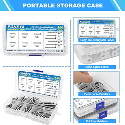 PONEYA Machine Screws, 100 PCS Phillips Flat Head Electricians Screw Kit #6-32#8-32 Extra Long 304 Stainless Steel Outlet Screws for Wall Plate Switch, Receptacles Mounting Screws with Storage Case - Image 5
