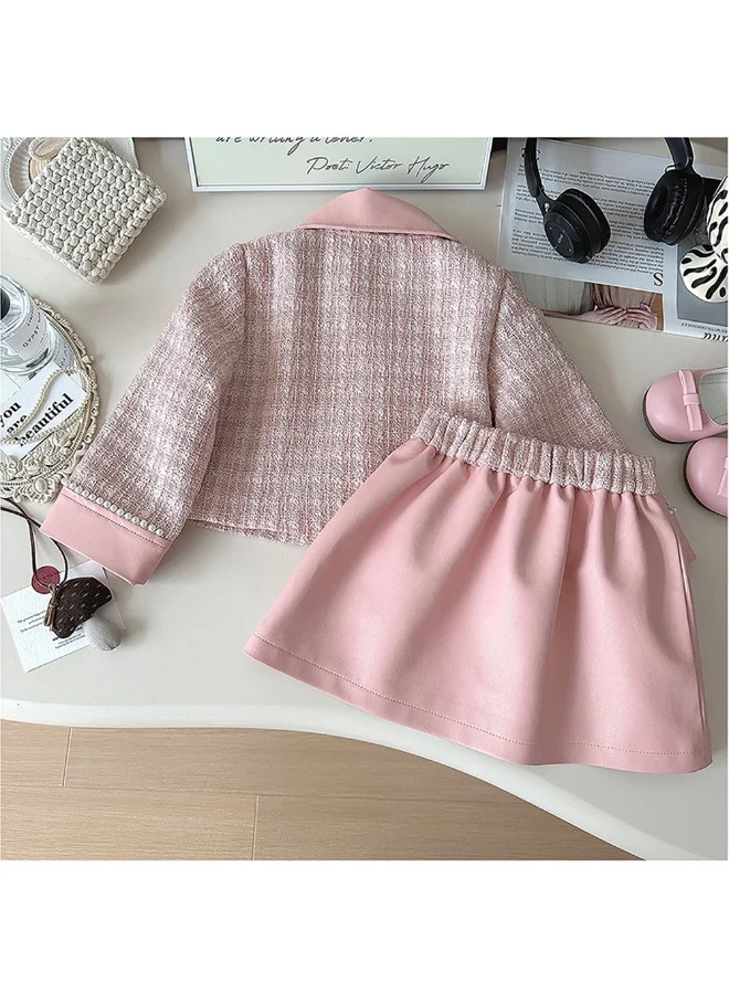 LITTLE SURPRISE BOX Pink Big Bow Tweed and Leatherette Style 2 pcsJacket and Skirt Winterwear set for Girls.