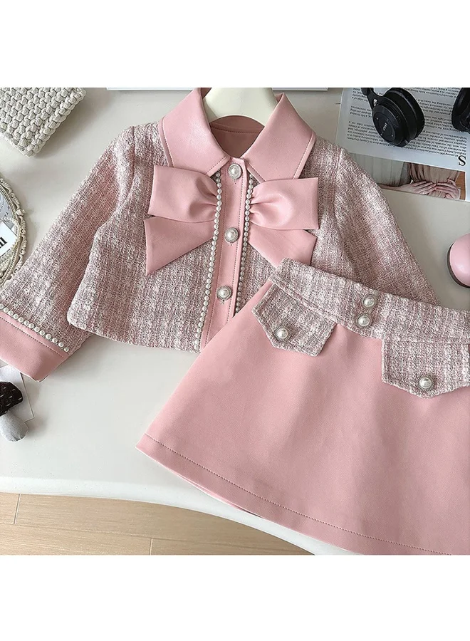 LITTLE SURPRISE BOX Pink Big Bow Tweed and Leatherette Style 2 pcsJacket and Skirt Winterwear set for Girls.