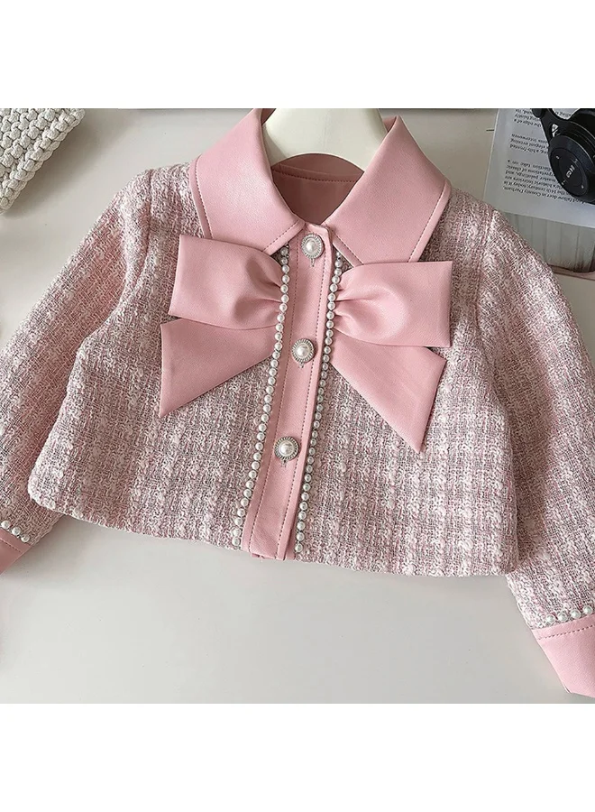 LITTLE SURPRISE BOX Pink Big Bow Tweed and Leatherette Style 2 pcsJacket and Skirt Winterwear set for Girls.