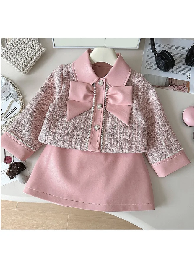 LITTLE SURPRISE BOX Pink Big Bow Tweed and Leatherette Style 2 pcsJacket and Skirt Winterwear set for Girls.