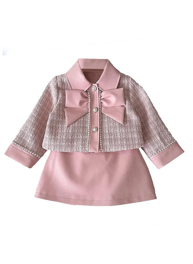 LITTLE SURPRISE BOX Pink Big Bow Tweed and Leatherette Style 2 pcsJacket and Skirt Winterwear set for Girls.-3-4Y