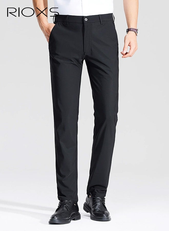 ريوكس بنطلونات رسمية للرجال، بنطلونات رسمية ضيقة للرجال، بنطلونات رياضية غير رسمية للرجال قابلة للتنفس وخالية من التجاعيد مع جيوب، بنطلونات رسمية مريحة وقابلة للتمدد عند الخصر للعمل والاجتماعات والمواعيد الغرامية وحفلات التخرج والزفاف وغيرها، أسود - Image 1