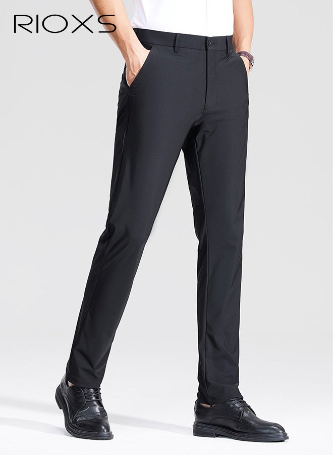 ريوكس بنطلونات رسمية للرجال، بنطلونات رسمية ضيقة للرجال، بنطلونات رياضية غير رسمية للرجال قابلة للتنفس وخالية من التجاعيد مع جيوب، بنطلونات رسمية مريحة وقابلة للتمدد عند الخصر للعمل والاجتماعات والمواعيد الغرامية وحفلات التخرج والزفاف وغيرها، أسود - Image 2