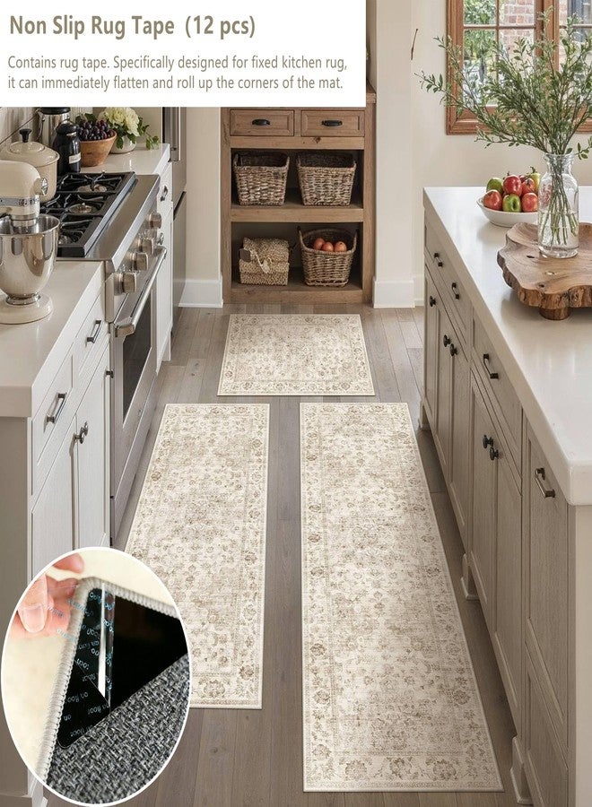 WondRg Neutral Kitchen Rug Set of 3 Washable Beige Vintage Kitchen Mats for Floor Non-Slip Kitchen Runner Rug Soft Low Pile for Bathroom Laundry Hallway Sink Entryway - Image 3