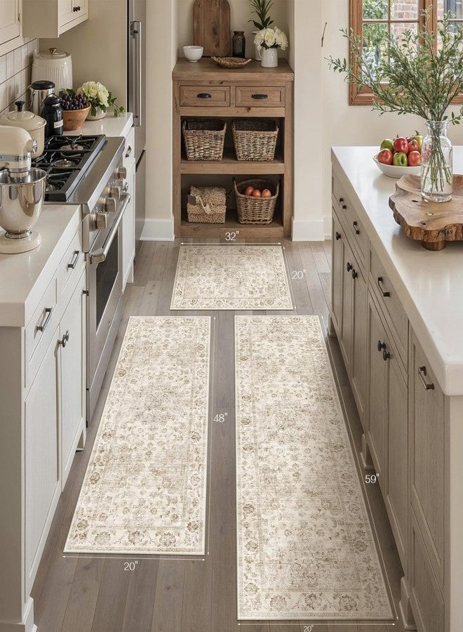 WondRg Neutral Kitchen Rug Set of 3 Washable Beige Vintage Kitchen Mats for Floor Non-Slip Kitchen Runner Rug Soft Low Pile for Bathroom Laundry Hallway Sink Entryway - Image 5