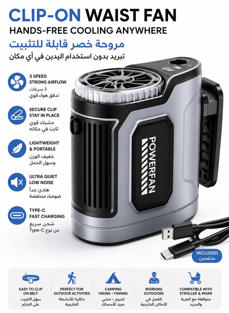 اوليو مروحة خصر محمولة - جهاز تبريد بدون استخدام اليدين للعمل في الهواء الطلق | غلاف من مادة ABS مع بطارية قابلة للشحن، مبرد هواء قابل للتثبيت بمشبك للتخييم والمشي لمسافات طويلة والبناء والسفر لراحة أكبر - Image 1