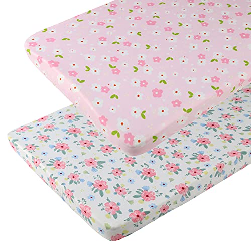 Onacosht Pack n Play Playard Fitted Sheets 2 Pack Set for Baby Girl Soft Stretchy Jersey Knit Portable Mini Crib Mattress Cover, Pink Floral - Image 1