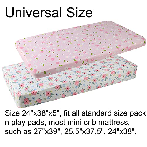 Onacosht Pack n Play Playard Fitted Sheets 2 Pack Set for Baby Girl Soft Stretchy Jersey Knit Portable Mini Crib Mattress Cover, Pink Floral - Image 5