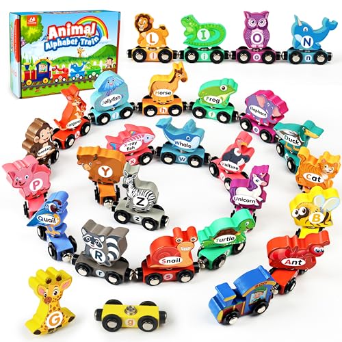 Vanmor Wooden Train Set for Toddlers SnapConnection Animal Trains Magnetic Alphabet Train Learning Toys STEM Preschool Toys ABC and Animal Play Set for Kids Ages 35 - Image 1